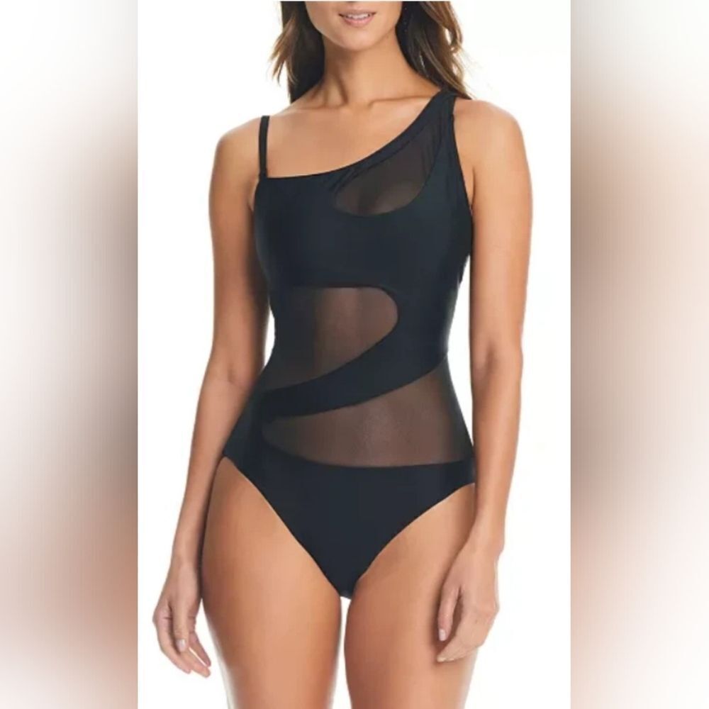 Bar III One-Shoulder Mesh Cutout One  Piece Swimsuit NWOT Size Medium Black